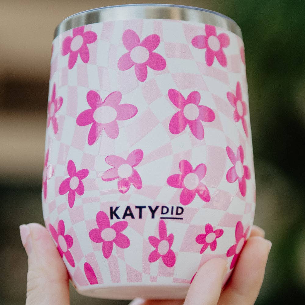 Pink Flower w/ Groovy Checkered WINE TUMBLER Cup
