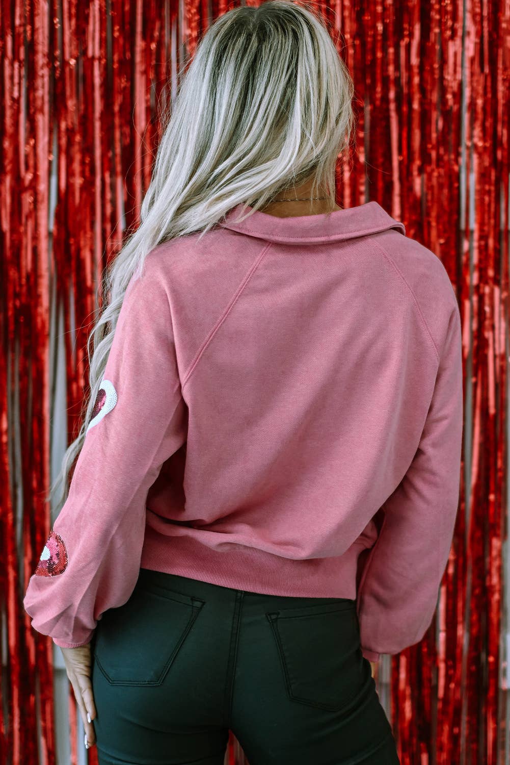 Pink Sequin Heart Snap Buttons Collared Sweatshirt