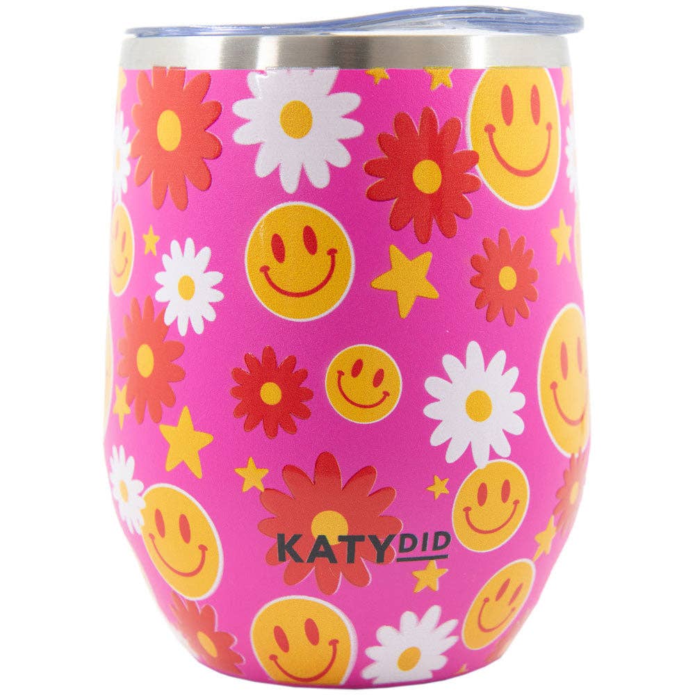 Red Flower Happy Face 12 Oz WINE TUMBLER With Lid