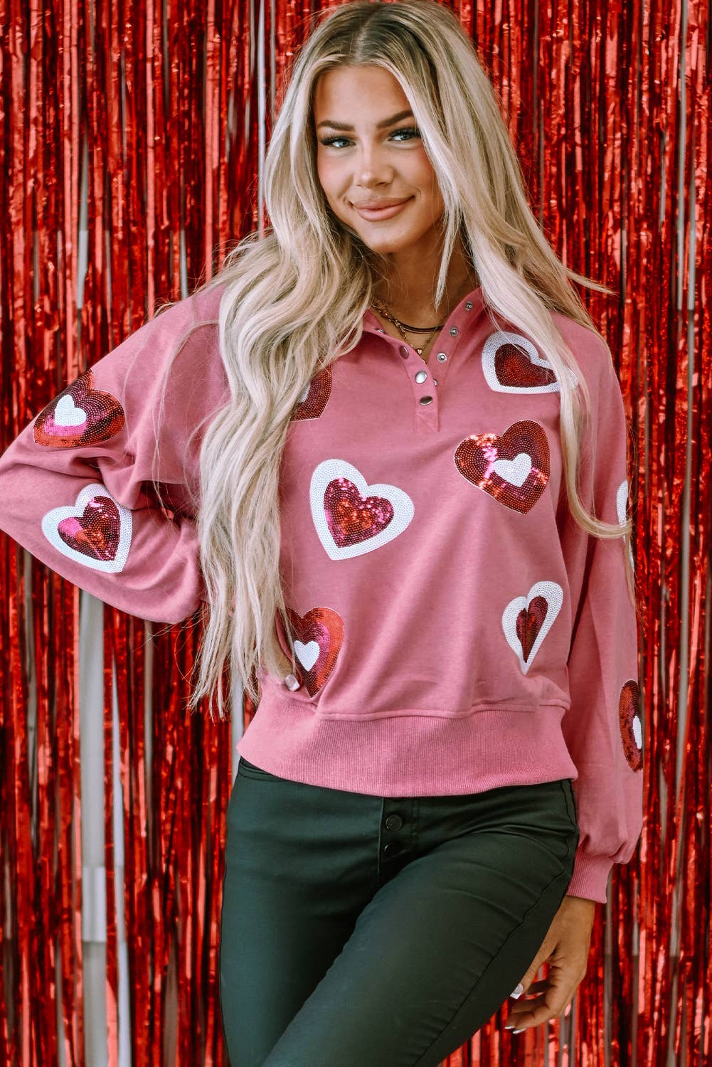 Pink Sequin Heart Snap Buttons Collared Sweatshirt